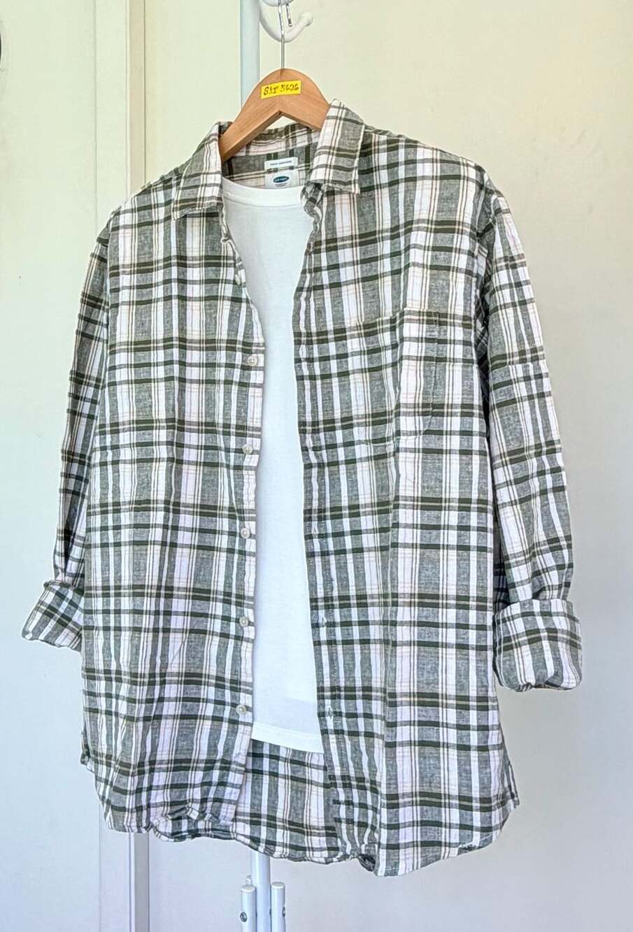 Old Navy Unisex Slim Fit Plaid Shirt Green White Cotton Linen Size Large